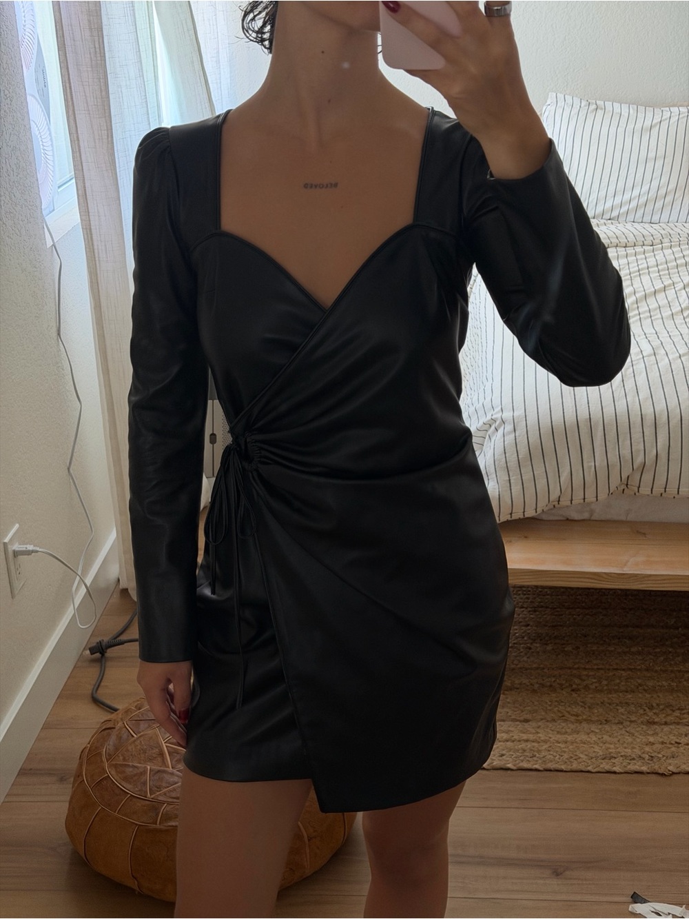 Zara Black Faux Leather Wrap Mini Dress